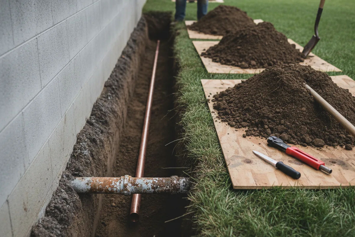 Excavated water line trench during Water Heater Repair in East Setauket
